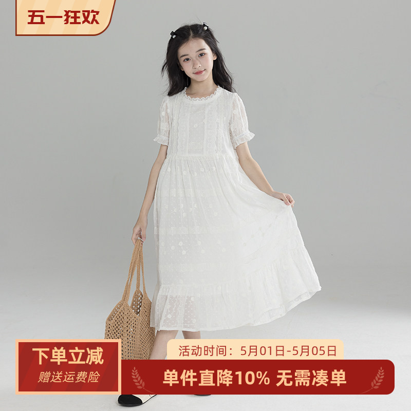 2026夏装女童镂空蕾丝花边连衣裙韩版洋气中大童白色雪纺公主裙子