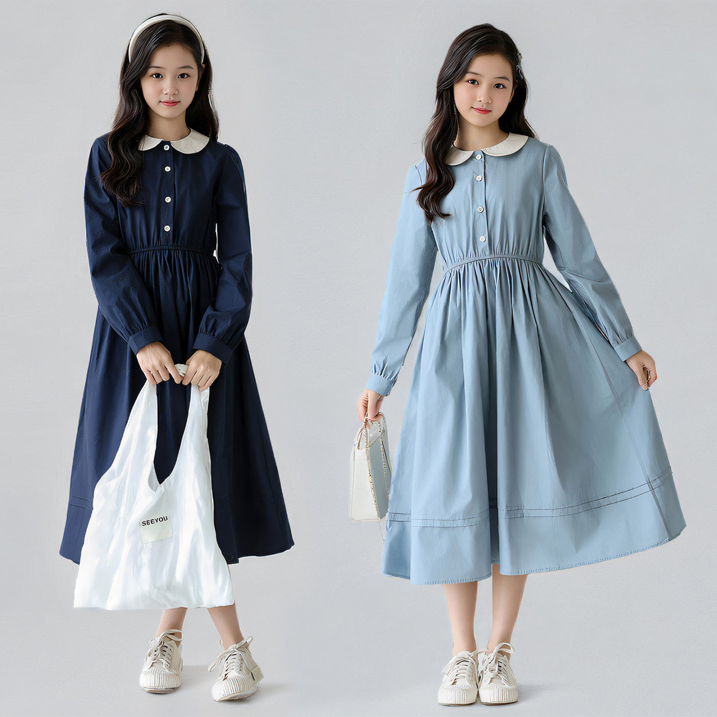 女童学院风长袖连衣裙春秋季新款中大童洋气韩版娃娃领中长款裙子