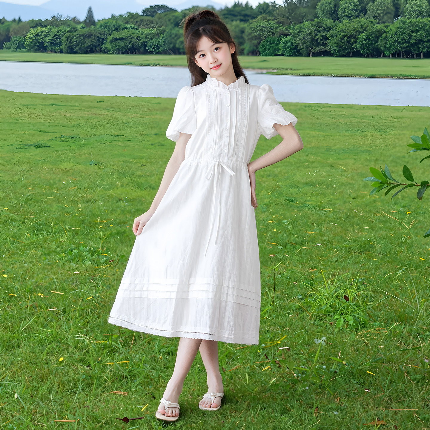 2026夏装新款女童洋气纯棉宽松连衣裙韩版中大童白色公主裙仙女裙