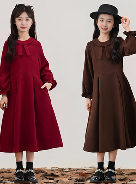 女童加绒连衣裙红色新年裙秋冬新款中大童洋气娃娃领法式公主裙子