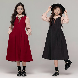 女童红色连衣裙2025秋冬新款洋气大童女孩学院风公主裙新年礼服裙