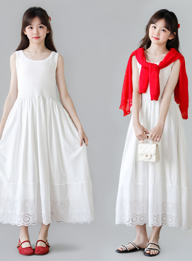 女童仙女风无袖连衣裙夏季女孩白色公主裙中大童法式度假背心裙子