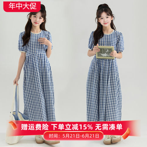 女童夏季显瘦纯棉文艺格子连衣裙
