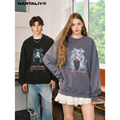 复古水洗做旧长袖 NARTALIY数码 印花圆领卫衣男女美式 套头情侣上衣
