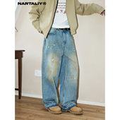 高街阔腿直筒宽松长裤 NARTALIY黄泥破洞毛边牛仔裤 男纯棉潮牌美式