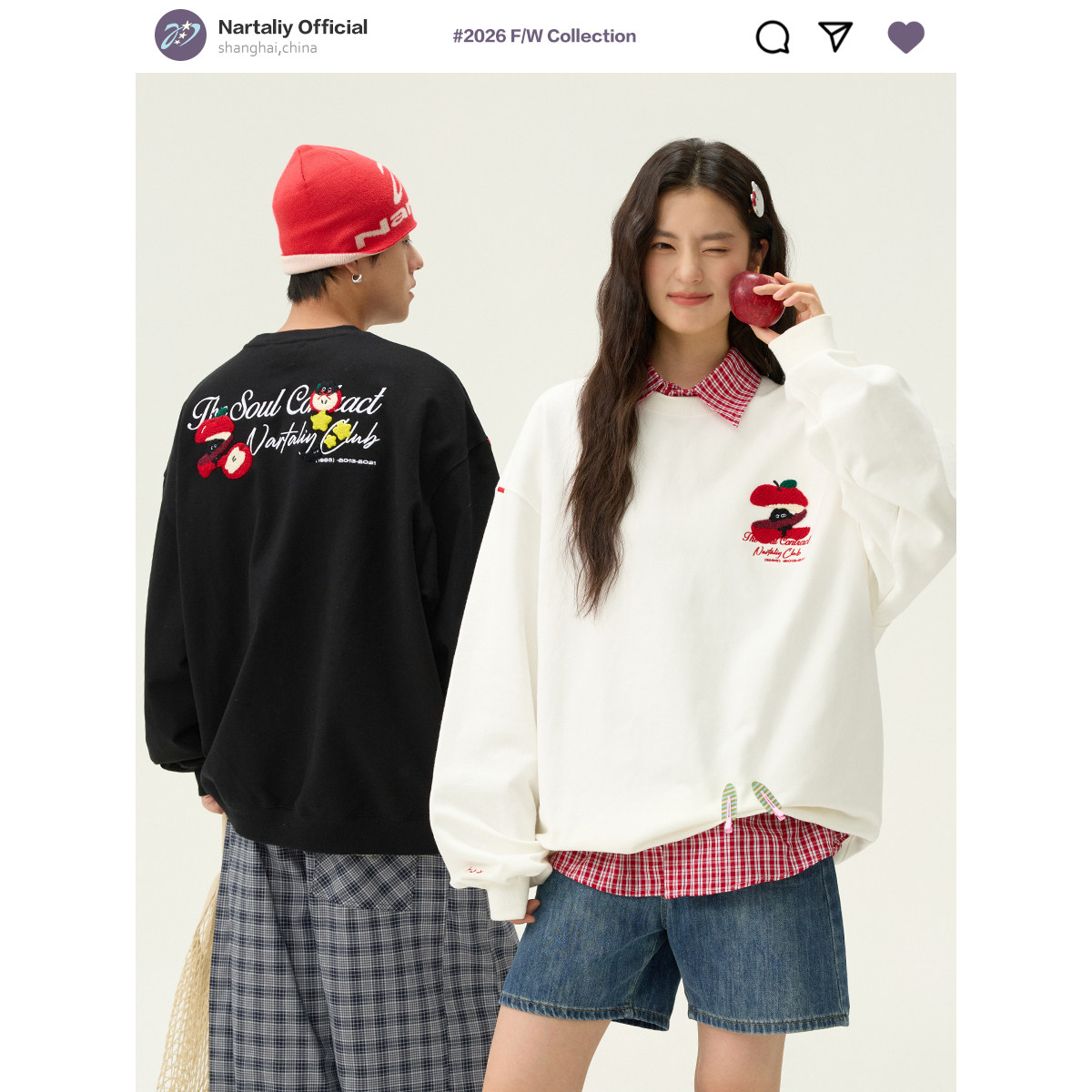 NARTALIY星芒代码苹果小猫刺绣圆领卫衣男女情侣美式复古加绒长袖,男装,卫衣,淘宝优惠券,粉丝福利购,淘宝优惠卷