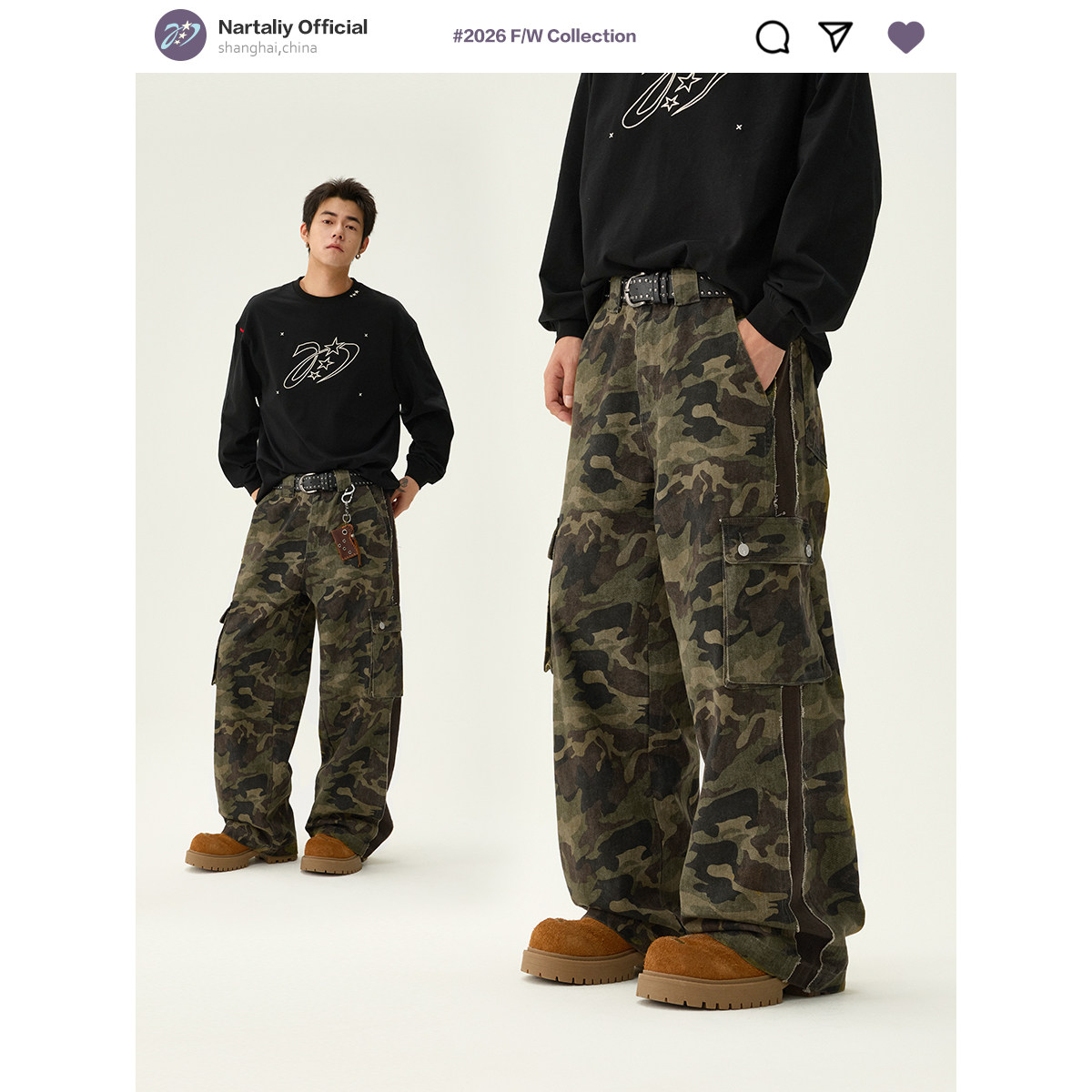 NARTALIY星芒代码美式迷彩大口袋拼接阔腿工装裤男秋直筒休闲长裤,男装,休闲裤,淘宝优惠券,粉丝福利购,淘宝优惠卷