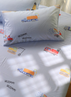 蓝色汽车很忙卡通男孩幼儿园儿童床单单件纯棉100全棉床笠单人双