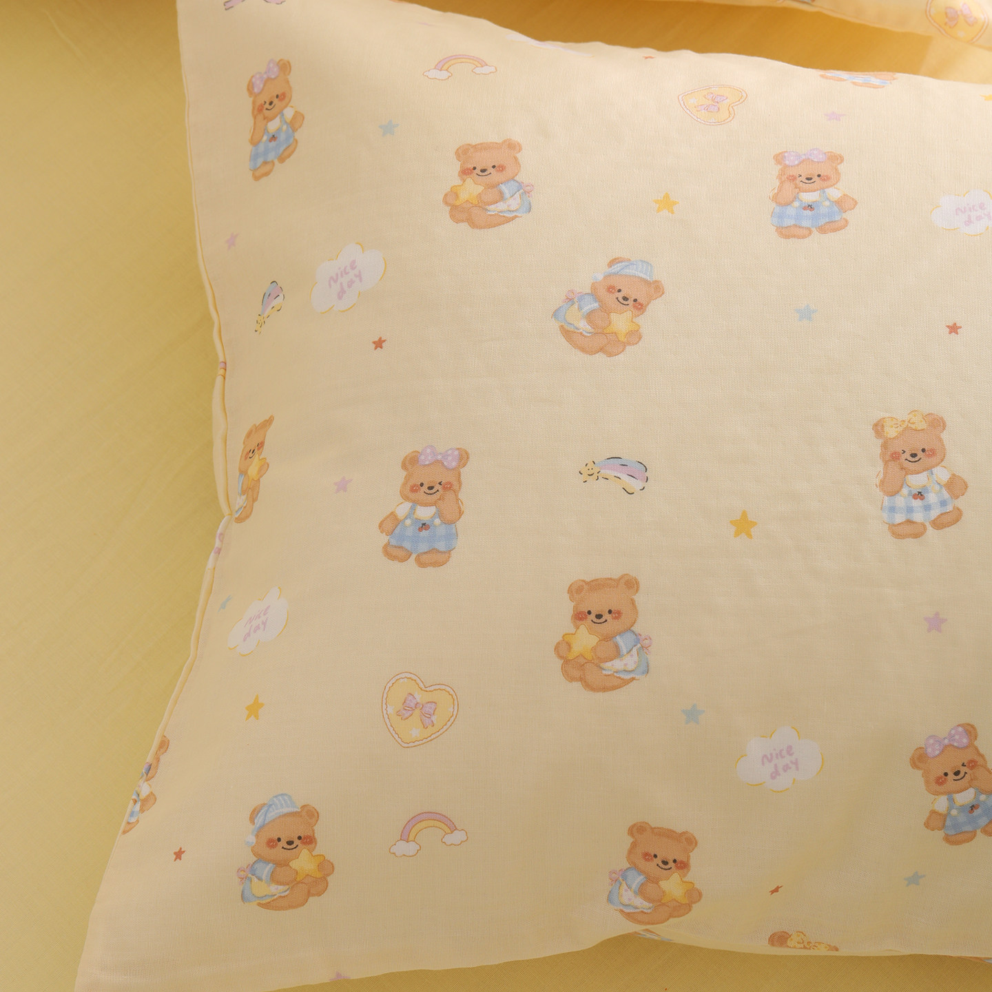 星星熊黄双层纱可爱儿童枕头套全棉纯棉枕套48cmx74cm一对装单个,床上用品,枕套,淘宝优惠券,粉丝福利购,淘宝优惠卷