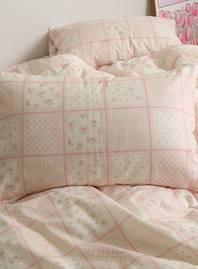 粉色梦田清新a类双层纱布纯棉枕套40x60全棉枕头套48x74cm一对装