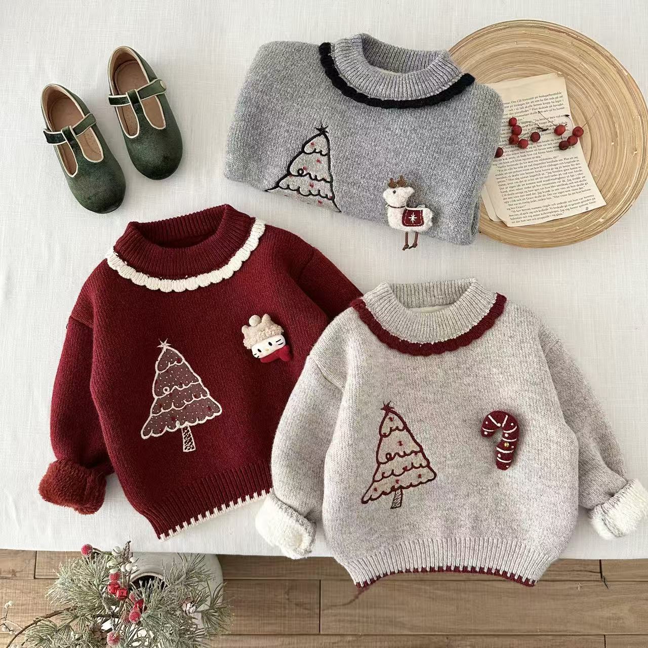 冬款儿童德绒加厚圣诞树男童女童可爱套头毛衣兄妹姐弟款针织上衣