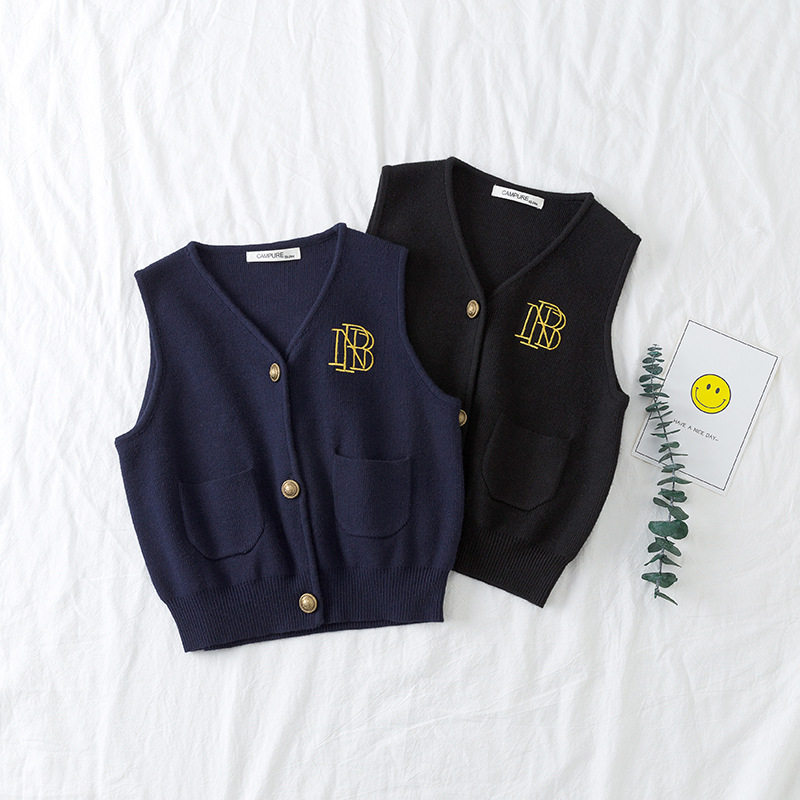 春装男女童装针织毛衣背心儿童韩版无袖开衫马甲时髦刺绣外搭坎肩