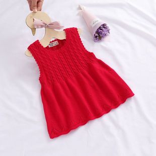 纯棉线不起球女童马甲裙宝宝针织连衣裙春秋款婴儿红色毛衣背心裙