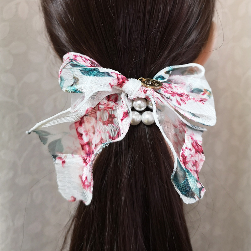 韩国东大门进口风情纯手工印花薄纱蝴蝶结珍珠发圈发绳橡皮筋 E03