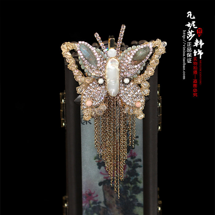 凡妮莎韩国进口原创设计师手作天然珍珠蝴蝶水晶流苏胸针胸花 I04