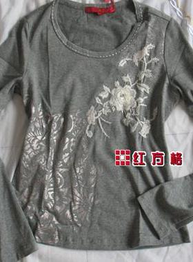 绣花渔牌2349粟之花 印花 刺绣绣花 圆领 长袖T恤 灰色