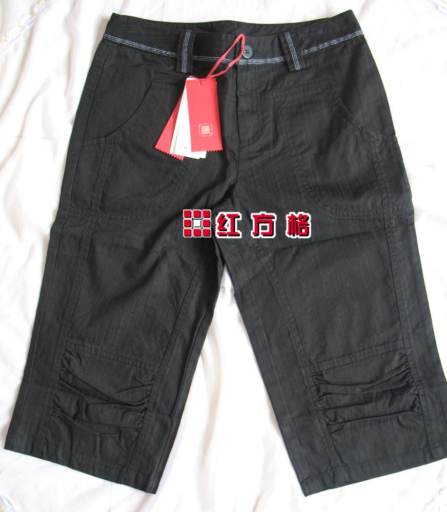 渔牌6709闻歌 黑色 纯棉 暗条纹 休闲七分裤 吊牌价436元