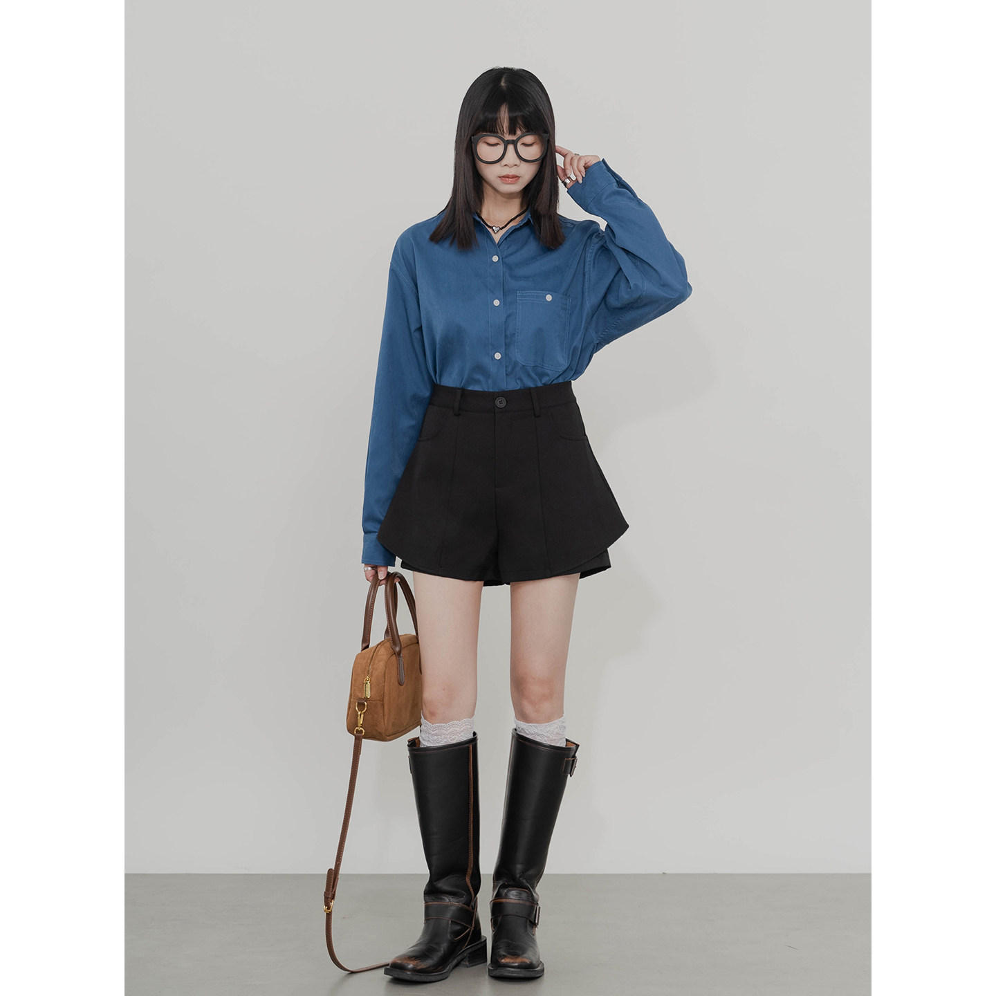 拼接西装短裤女高腰别致设计感简约百搭修身A字阔腿休闲裙裤