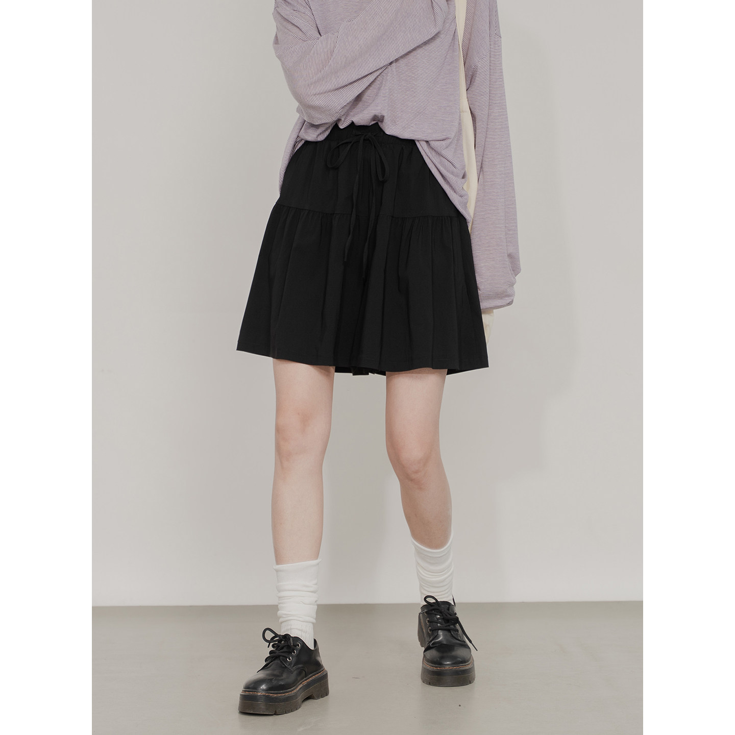 褶皱层次感阔腿短裤女松紧高腰抽绳绑带设计宽松显瘦百搭休闲裙裤