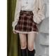 毛呢高腰百褶短裙女设计感有内衬拼接蕾丝学院复古质感格子半身裙