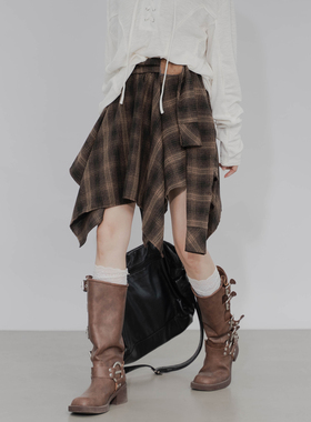 不规则半身裙女设计感减龄显瘦松紧高腰甜酷百搭A字毛呢格子短裙