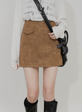 复古半身裙女高腰A字修身百搭装饰口袋设计感质感麂皮绒包臀短裙