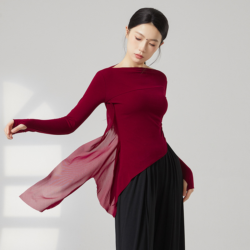 共妍长袖套指网纱拼接现代舞上衣