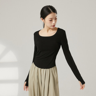 民族现代舞蹈生形体训练功服装 简约U领长袖 艺考T恤女 新款 共妍春季