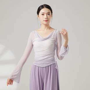 共妍新款 纱衣女 花朵一字荡领国风古典舞蹈生艺考演出练功服喇叭袖