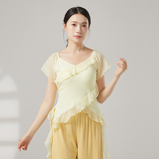 國(guó)風(fēng)荷葉邊古典舞藝考演出練功服雪紡拼接短袖 共妍夏季 V領(lǐng)上衣女