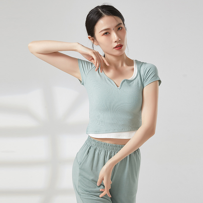 共妍撞色假兩件短袖舞蹈練功服