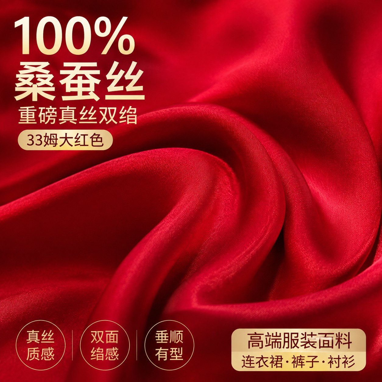 100%桑蚕丝33姆大红色重磅真丝双绉布料裤子连衣裙重绉丝绸缎面料