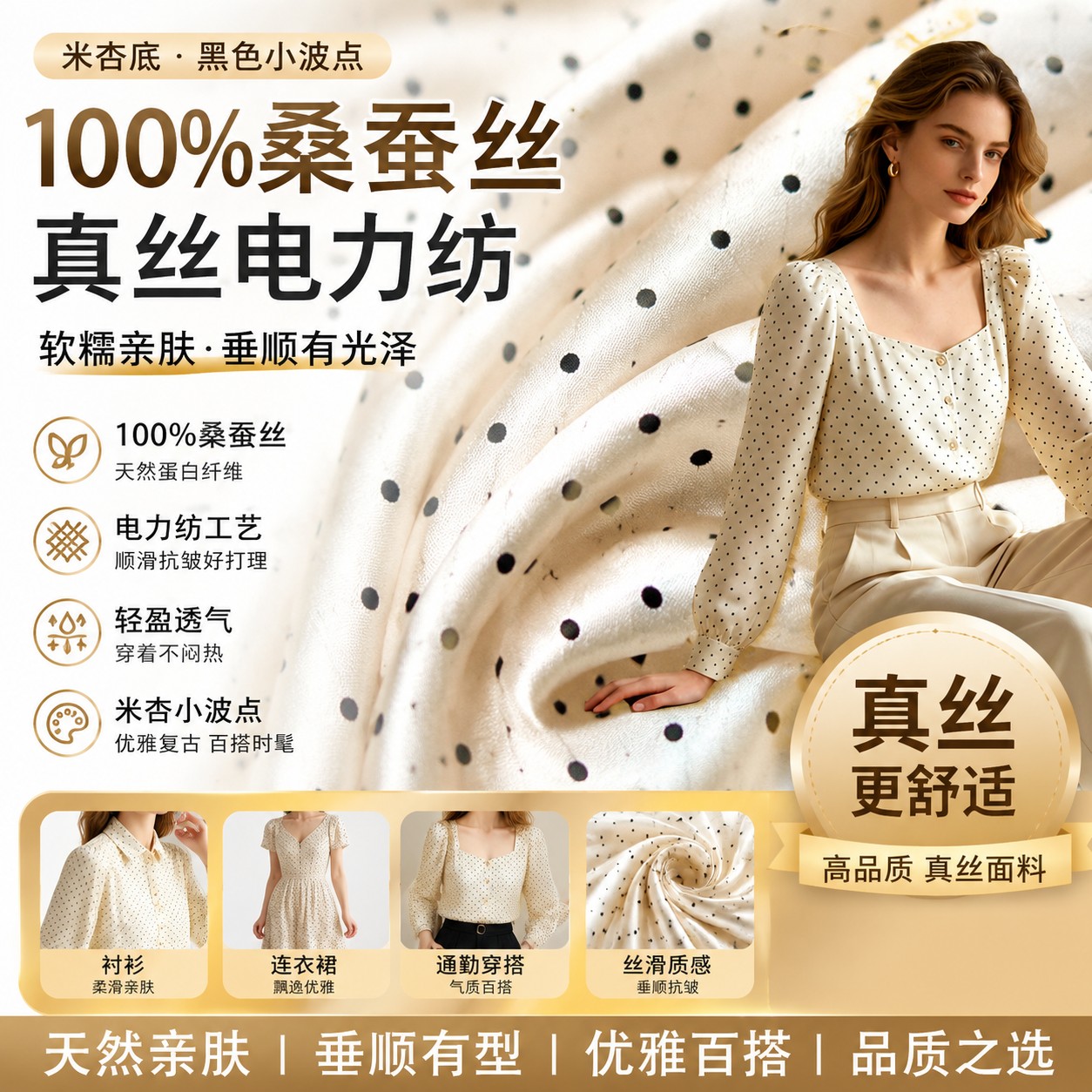 100%桑蚕丝米杏色黑色小波点真丝电力纺布料衬衫连衣裙丝绸缎面料