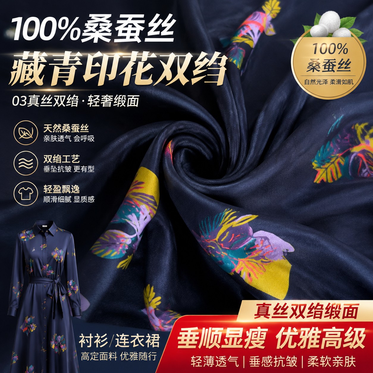 100%桑蚕丝藏青色印花真丝03双绉布料衬衫连衣裙哑光丝绸缎面料夏
