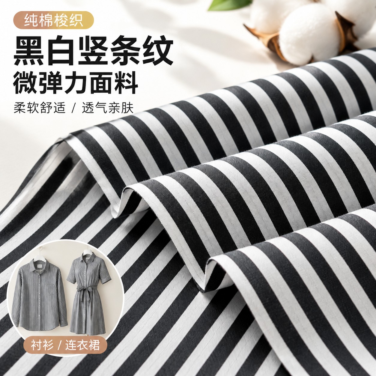 白色底黑色竖条纹微弹力纯棉梭织面料男女衬衫连衣裙棉质布料春夏图片