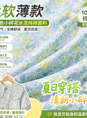 柔软薄款浅绿色小碎花印花水洗纯棉面料衬衫连衣裙童装全棉布料夏