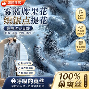 雾蓝色腰果花织银点提花真丝乔其纱布料衬衫连衣裙桑蚕丝绸缎面料