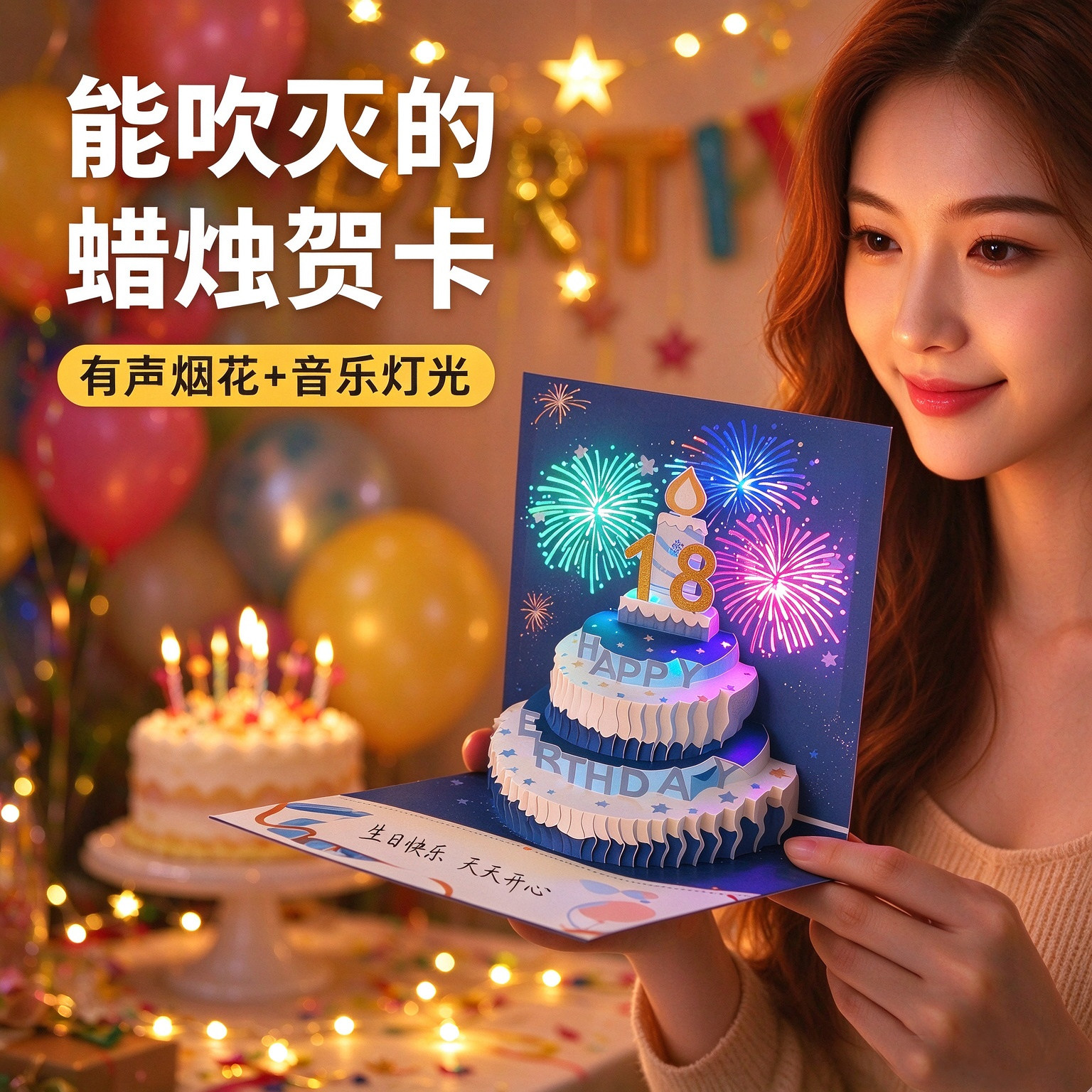生日贺卡立体创意diy高级感手工纸雕礼物祝福定制音乐放烟花卡片