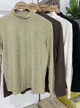 庄泰7307秋冬新款女士半高领打底衫时尚气质质感提花正肩长袖T恤