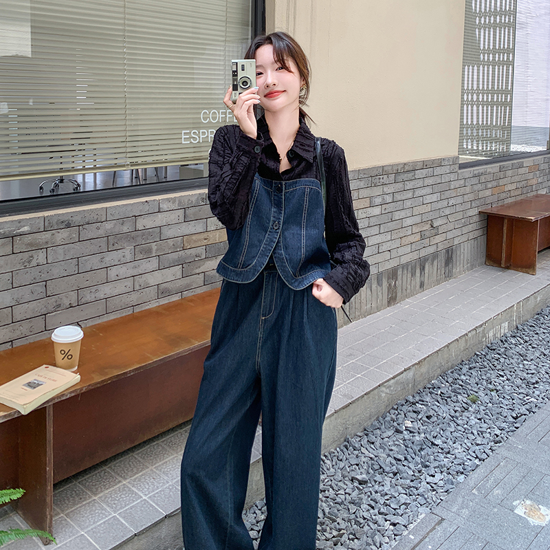 新品主推现货附买家秀拼接牛仔衬衫+阔腿裤两件套661-P165-K228，女装套装/套裙，菡迪欧娜
