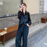 新品主推现货附买家秀拼接牛仔衬衫+阔腿裤两件套661-P165-K228，女装套装/套裙，菡迪欧娜