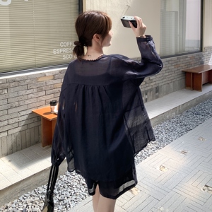 藏青色蕾丝拼接长袖衬衫短裤套装女夏2025新款减龄ootd两件套爆款图片