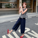 新品格子上衣+慵懒拼接九分阔腿裤两件套777-P155-K218，女装套装/套裙，2C075