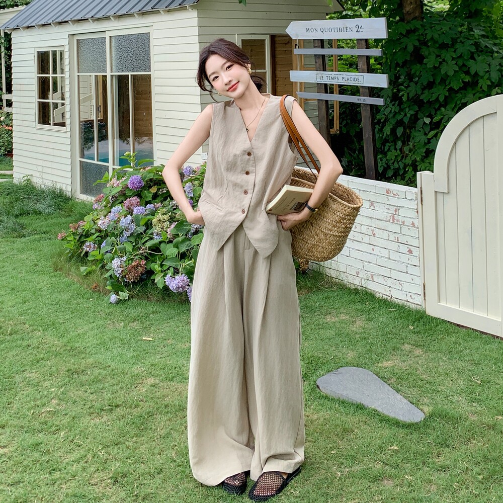 夏日穿搭老钱风西装马甲阔腿裤套装女显瘦轻奢高级感休闲裤两件套图片
