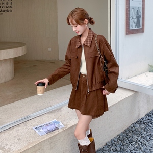 美拉德复古麂皮绒外套短裙套装女2025秋季新款甜酷风显瘦两件套潮，女装套装/套裙，菡迪欧娜