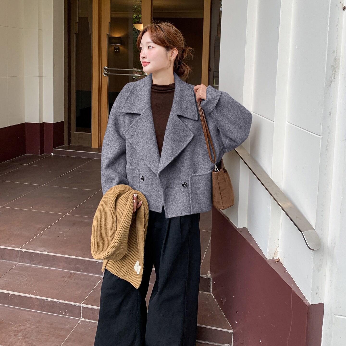 灰色双面呢羊毛大衣女秋冬2025新款短款高级感时髦洋气爆款流行,女装毛呢外套,菡迪欧娜