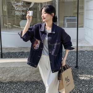 美式复古牛仔外套女2025秋季新款设计感小众宽松刺绣拼接夹克上衣图片