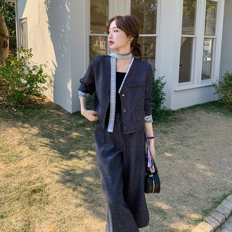 新品大货蕾丝拼接上衣+八分阔腿裤两件套套装6009-P175-K258,女装套装/套裙,2C075