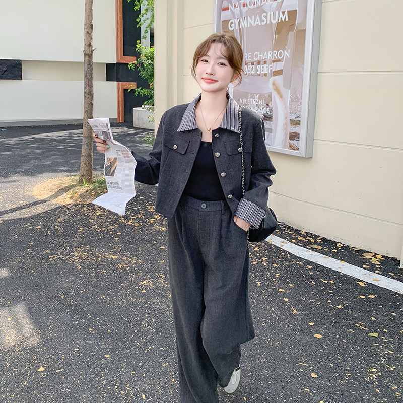 新品大货高级感拼色外套+阔腿裤两件套671-P175-K258,女装套装/套裙,2C075