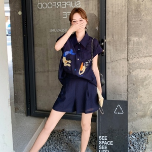 刺绣藏青色衬衫短裤套装女夏流行巨好看韩系爆款两件套小个子超火图片